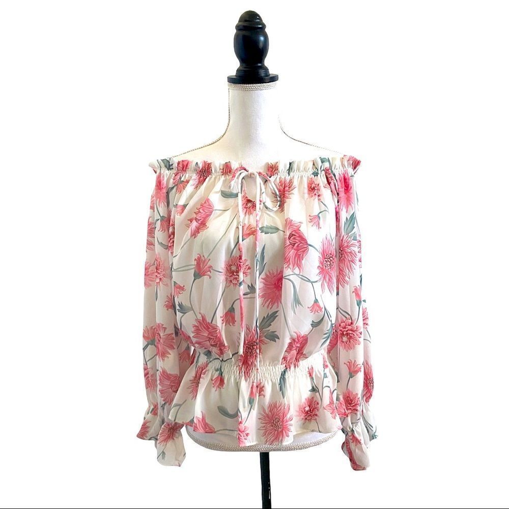 Floral Cold Shoulder Tie Front Blouse White & Pink Women’s US Size Large
